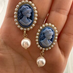 Victoria vintage gold color Blue oval Cameo Pearl Drop Earrings